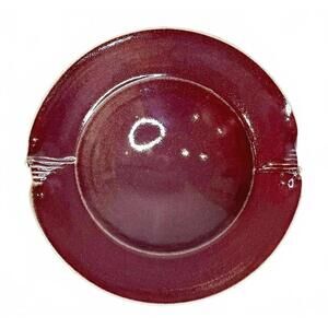 Vintage Oxblood Stoneware 9 in Bowl Decorated Notched Rim Studio Pottery Signed